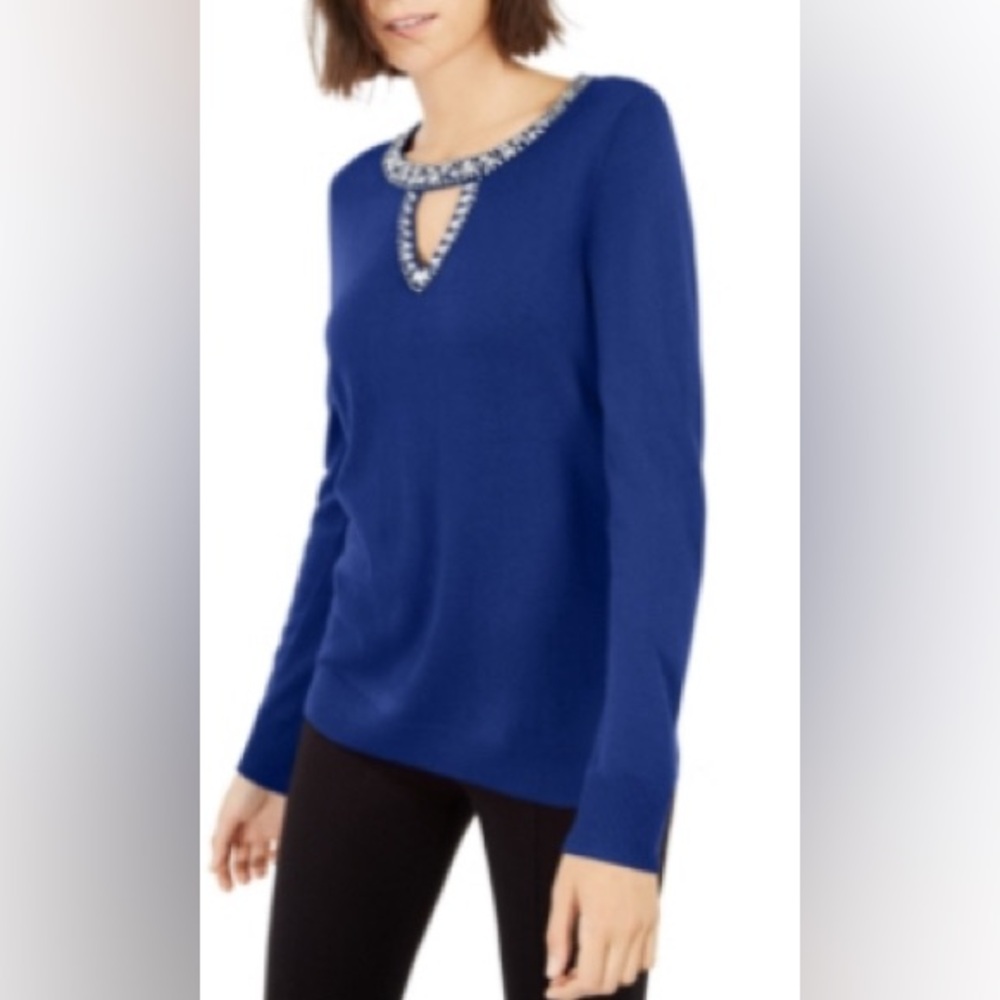 Inc. Small Blue Sweater Embellished Long Sleeve V Keyhole Cutout Super Soft